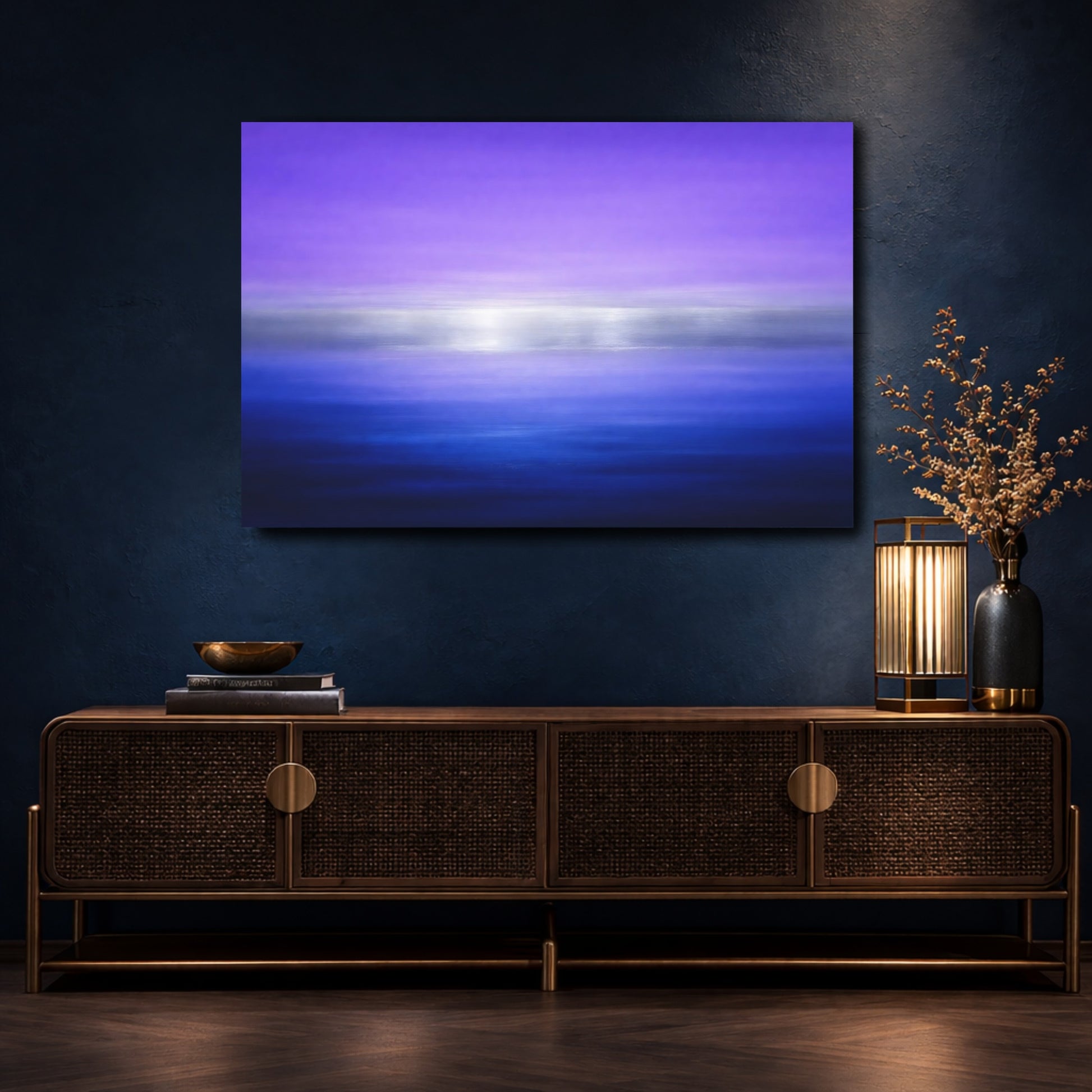 Mockup 4. Abstract Color Gradient Purple Blue Silver shown as stretched canvas wall art