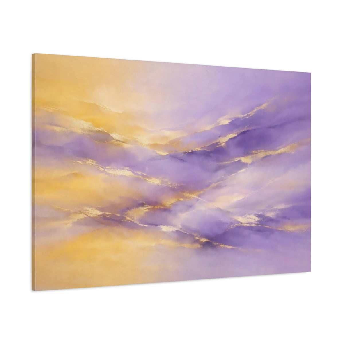 Main Mockup. Abstract Color Waves Purple And Gold shown as stretched canvas wall art