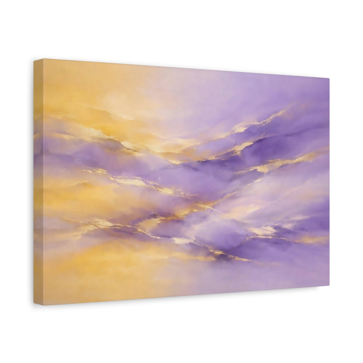 Side Mockup 4. Abstract Color Waves Purple And Gold shown as stretched canvas wall art