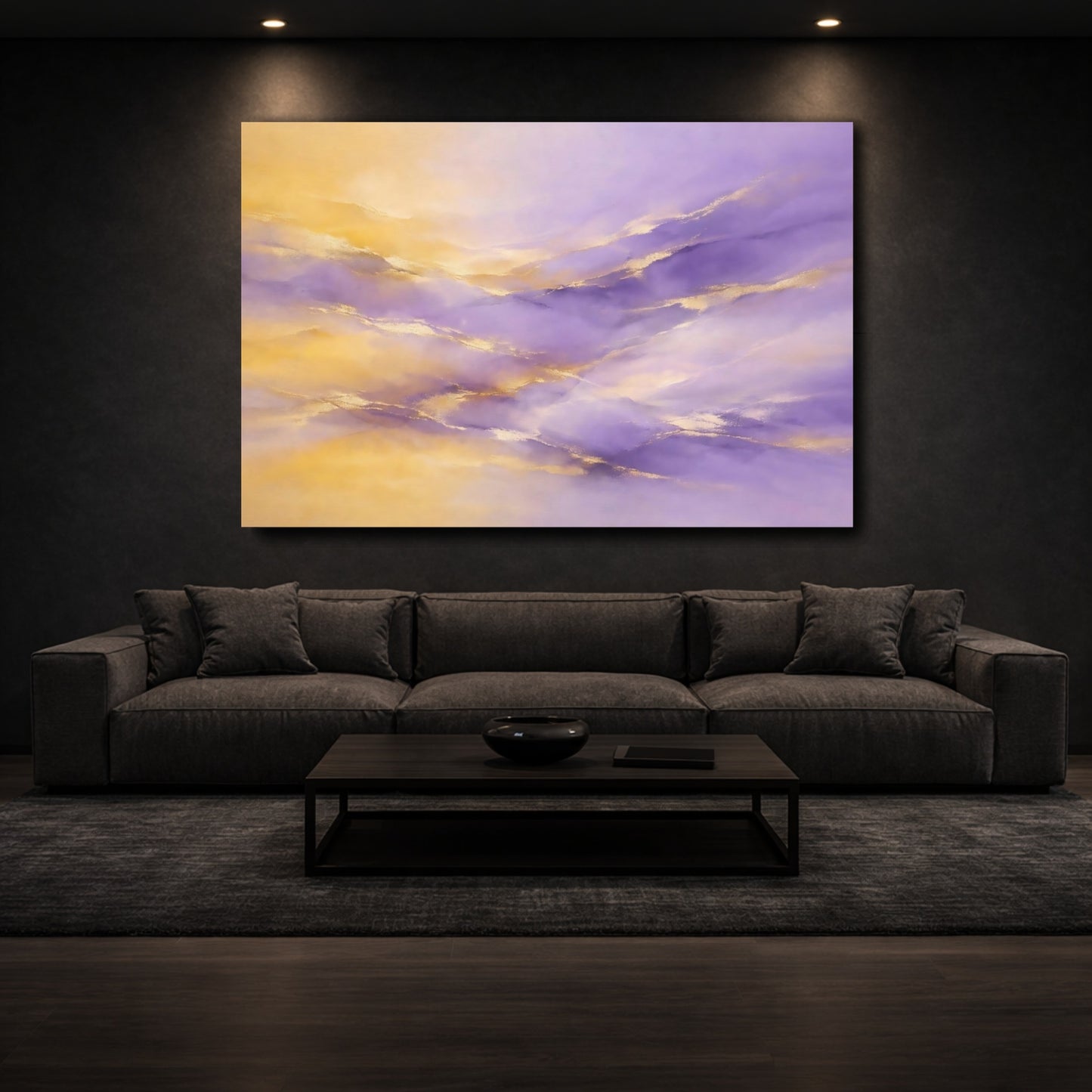 Mockup 2. Abstract Color Waves Purple And Gold shown as stretched canvas wall art