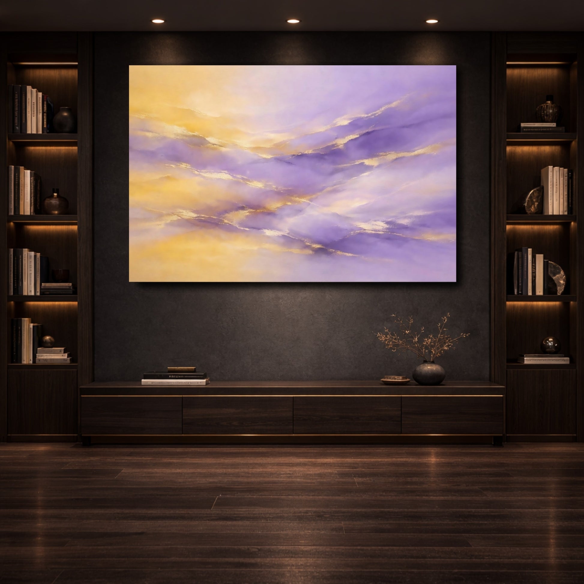 Mockup 3. Abstract Color Waves Purple And Gold shown as stretched canvas wall art