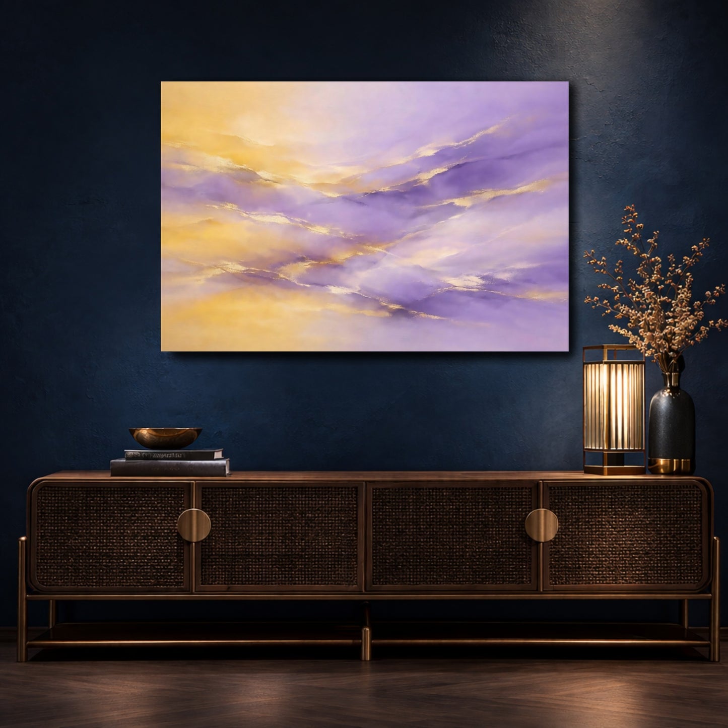 Mockup 4. Abstract Color Waves Purple And Gold shown as stretched canvas wall art
