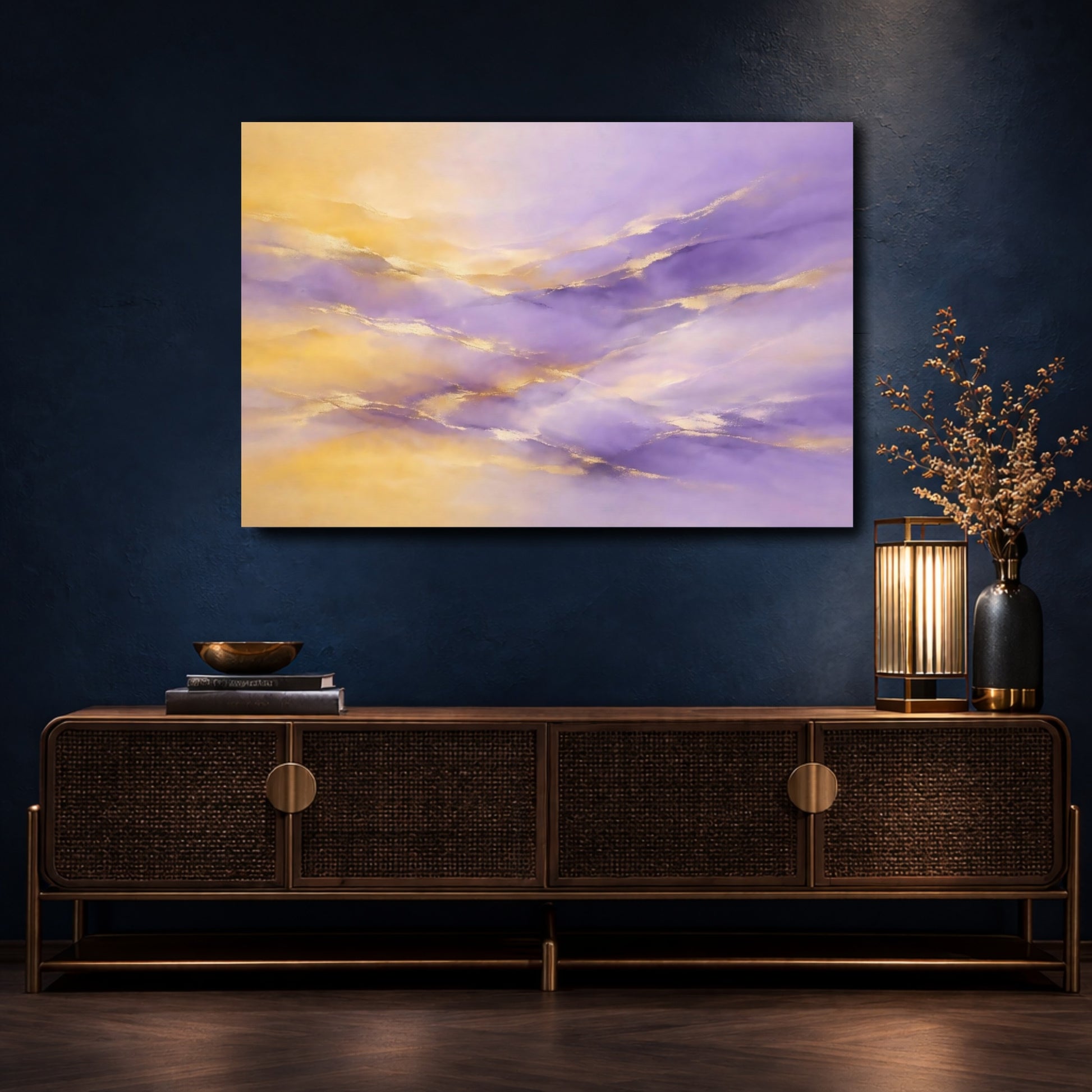 Mockup 4. Abstract Color Waves Purple And Gold shown as stretched canvas wall art