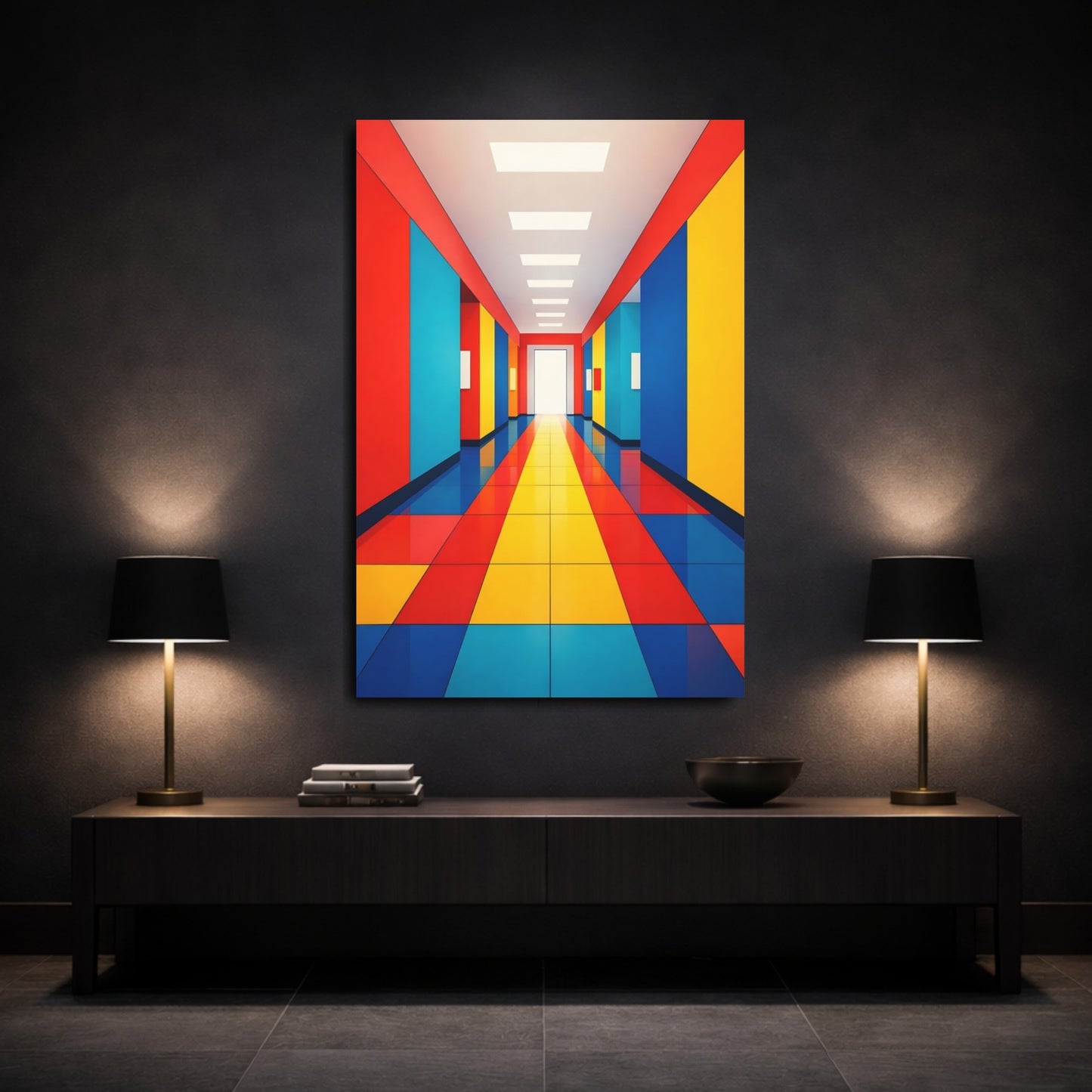 Mockup 2. Abstract Colorful Hallway Red Yellow Blue shown as stretched canvas wall art