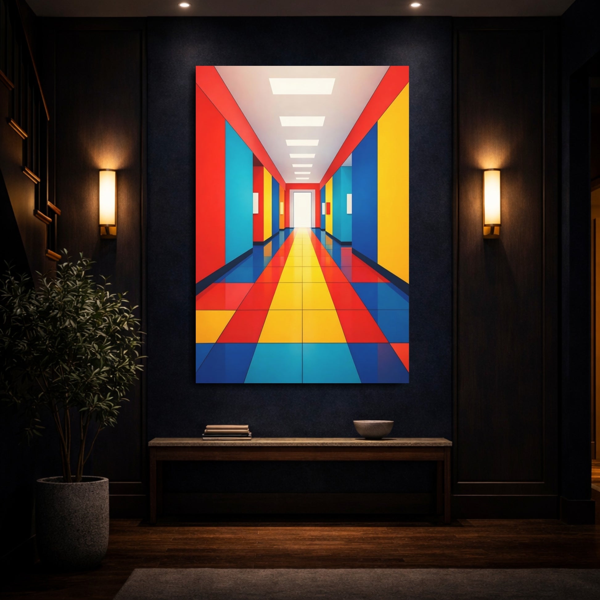 Mockup 3. Abstract Colorful Hallway Red Yellow Blue shown as stretched canvas wall art