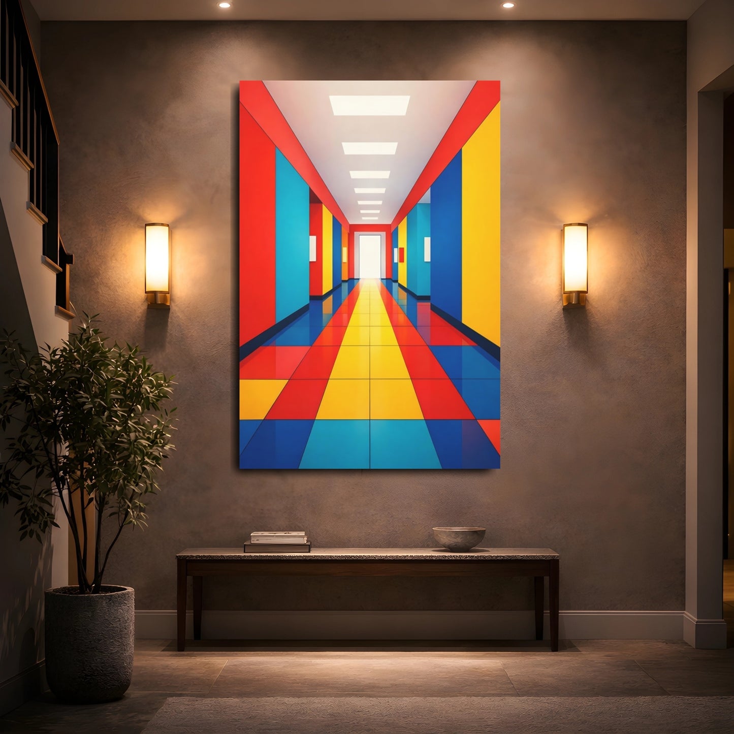 Mockup 4. Abstract Colorful Hallway Red Yellow Blue shown as stretched canvas wall art