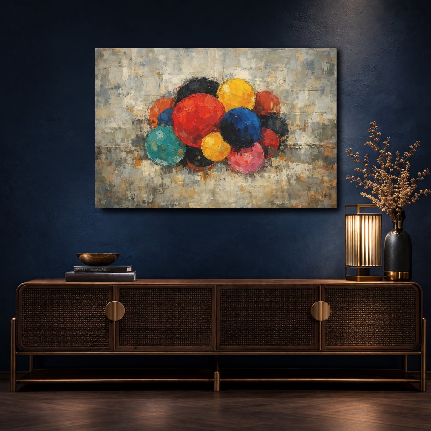Mockup 4. Abstract Colorful Spheres Multicolor Abstract shown as stretched canvas wall art