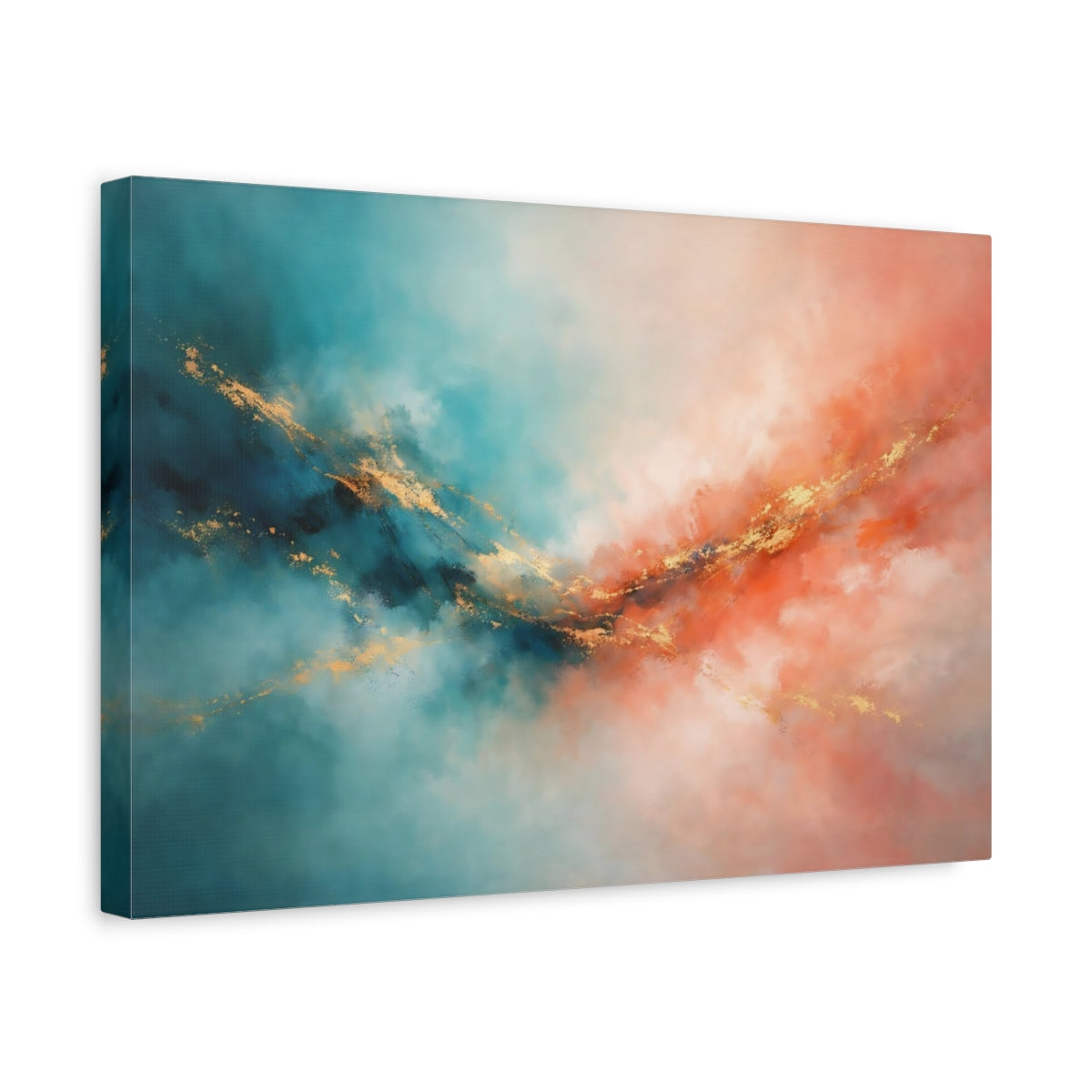 Side Mockup 4. Abstract Abstract Colors Teal Orange Gold shown as stretched canvas wall art