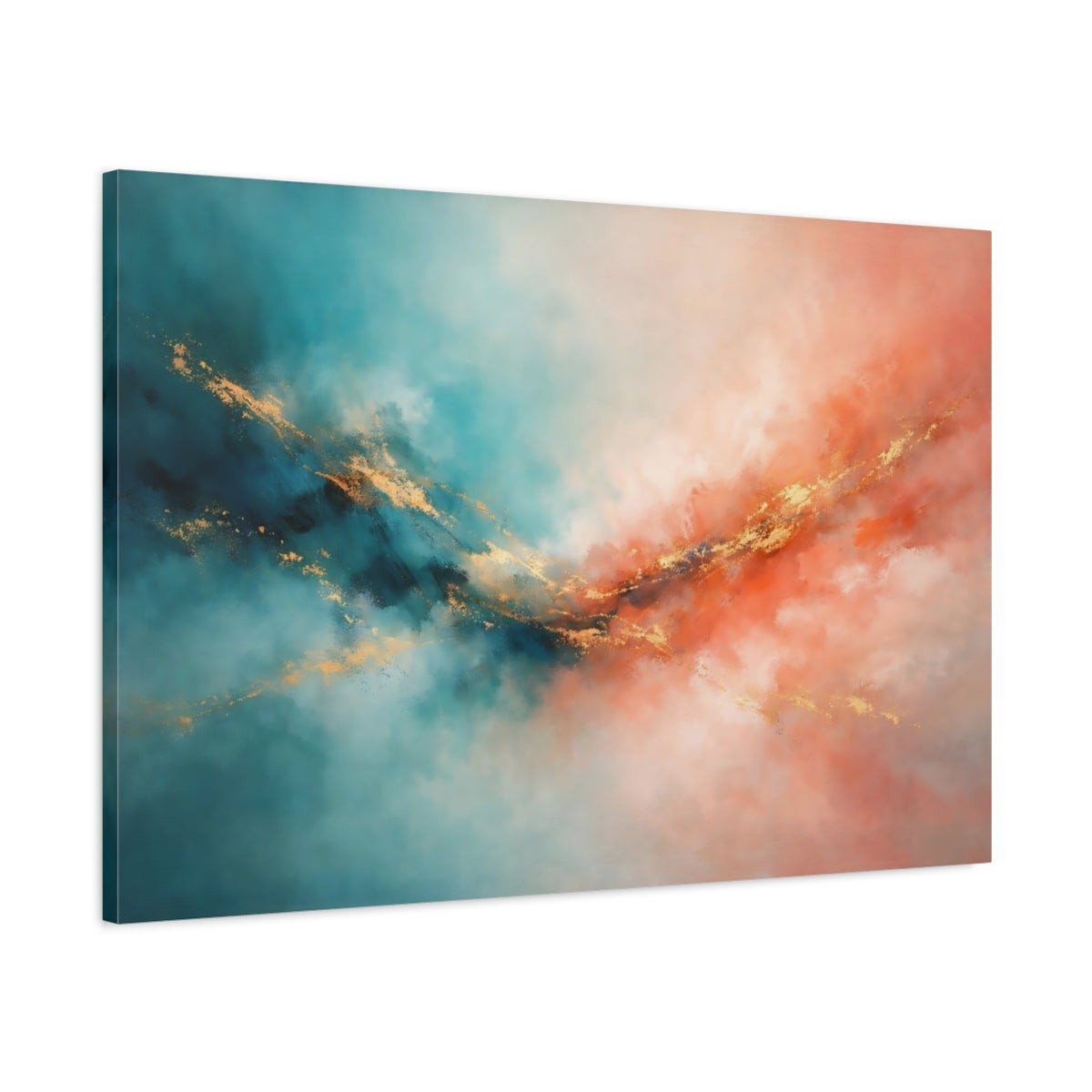 Side Mockup 1. Abstract Abstract Colors Teal Orange Gold shown as stretched canvas wall art