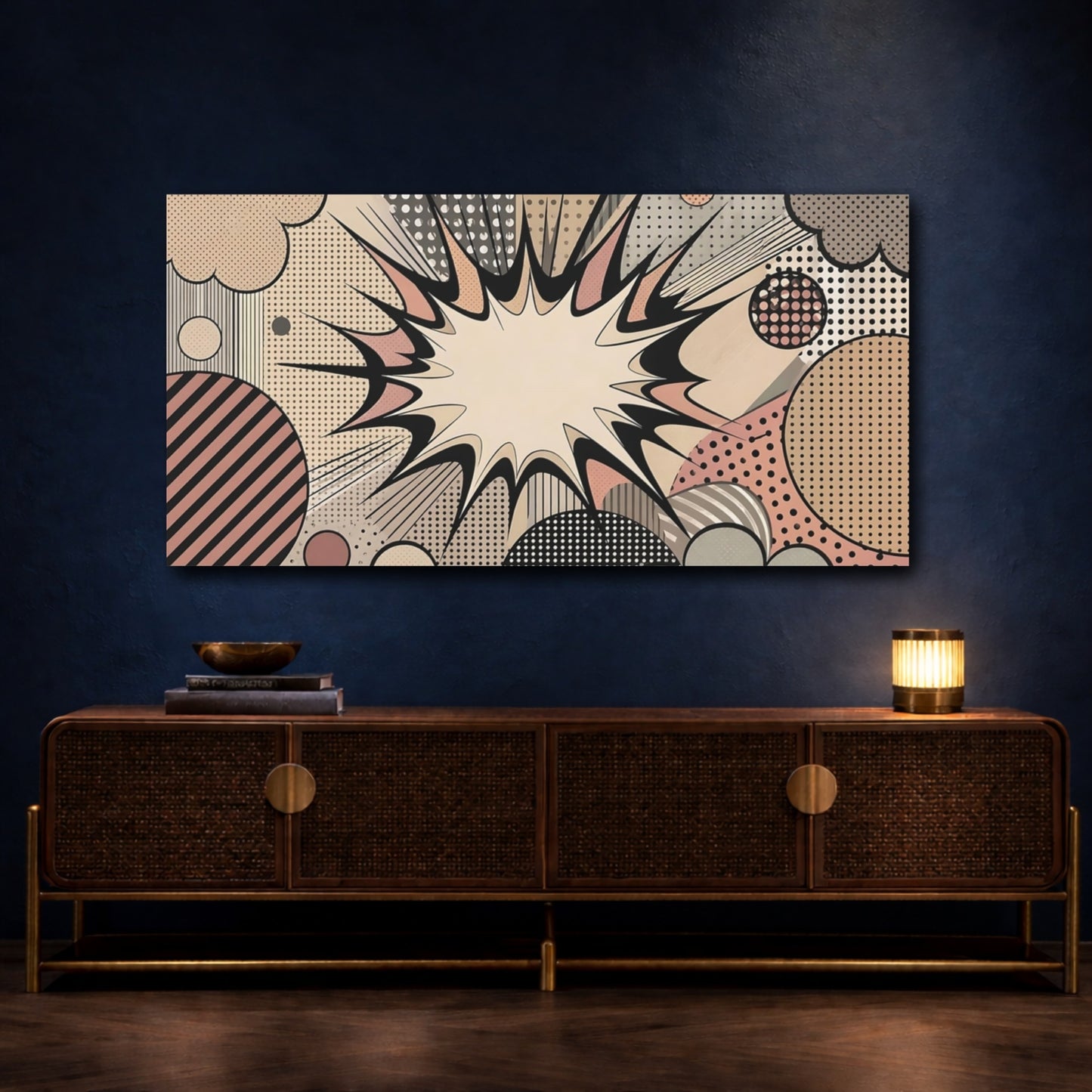 Mockup 4. Abstract Comic Burst Pop Art Abstract shown as stretched canvas wall art