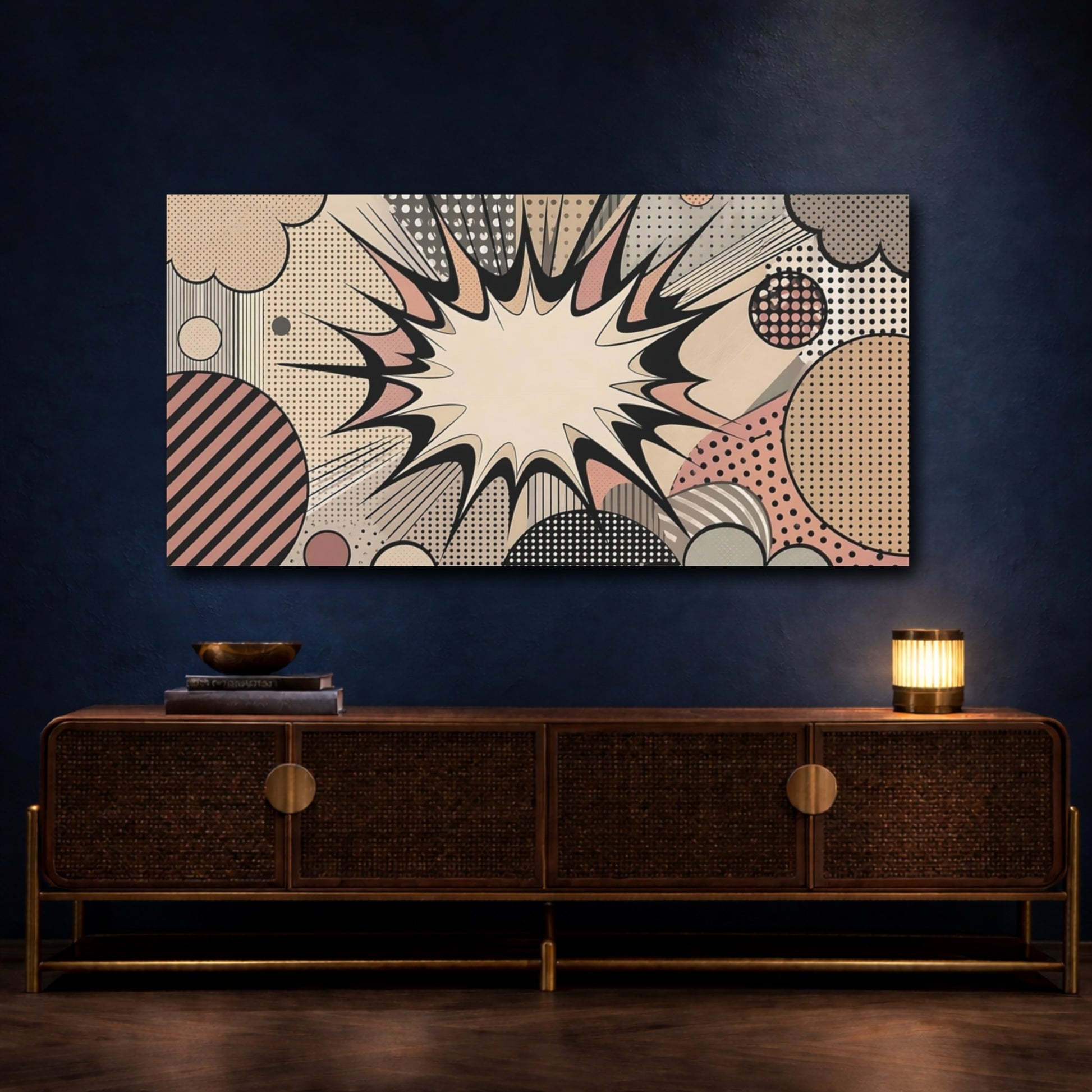 Mockup 4. Abstract Comic Burst Pop Art Abstract shown as stretched canvas wall art