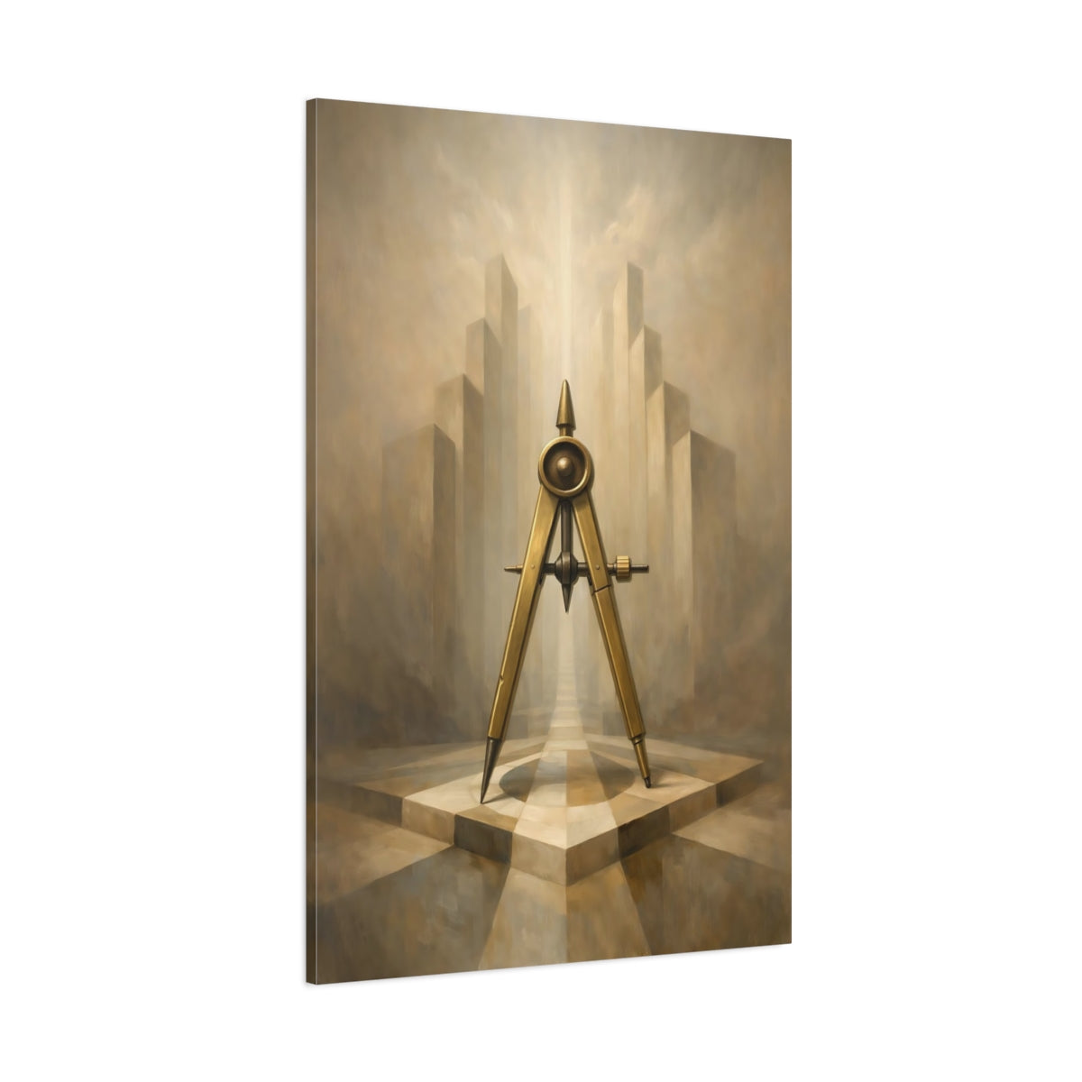 Main Mockup. Abstract Compass Brown And Gold shown as stretched canvas wall art