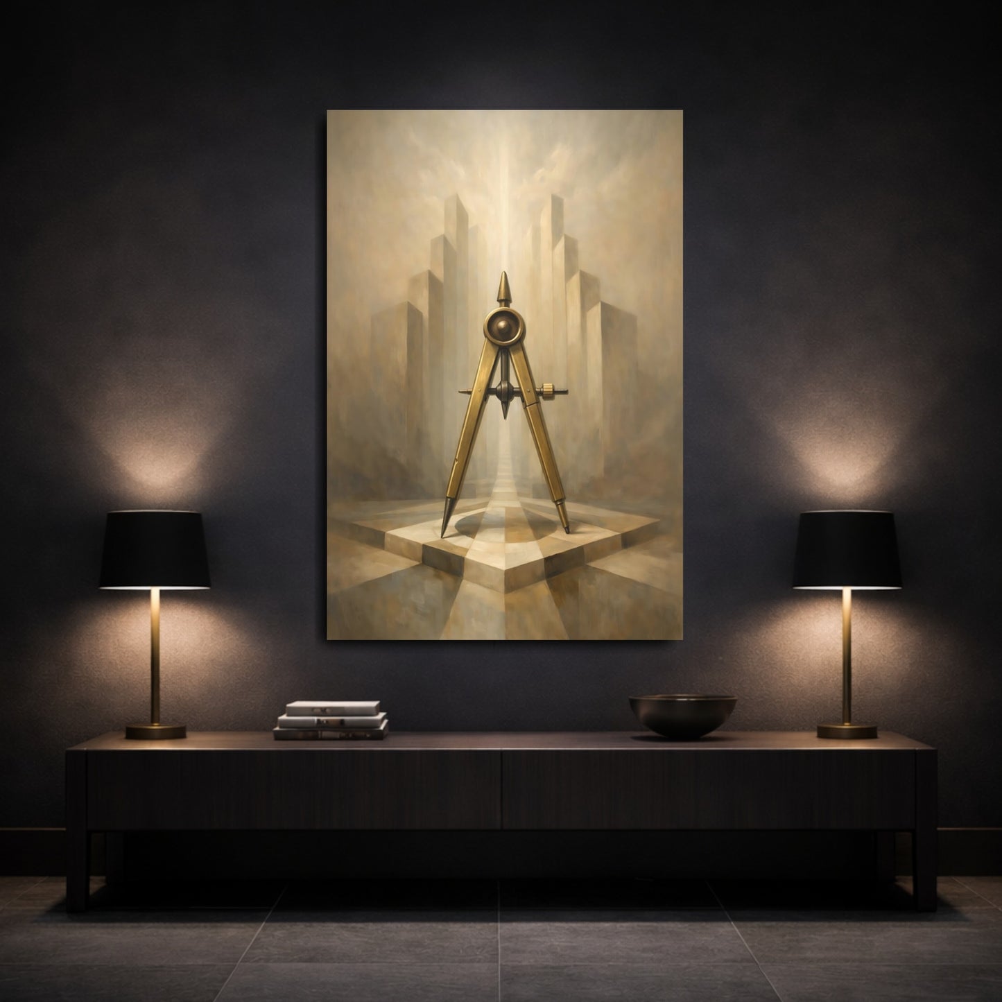 Mockup 2. Abstract Compass Brown And Gold shown as stretched canvas wall art