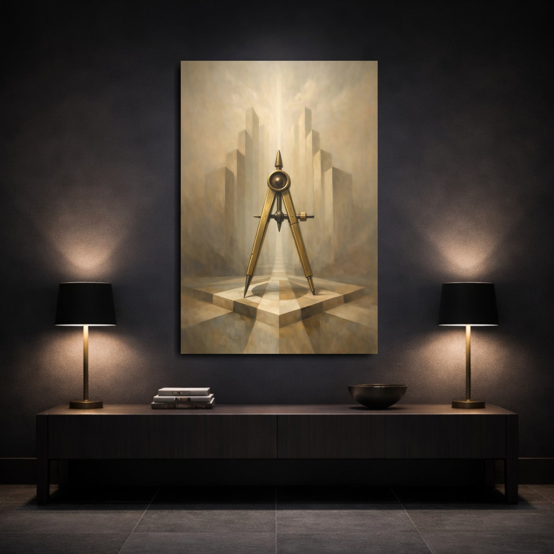Mockup 2. Abstract Compass Brown And Gold shown as stretched canvas wall art