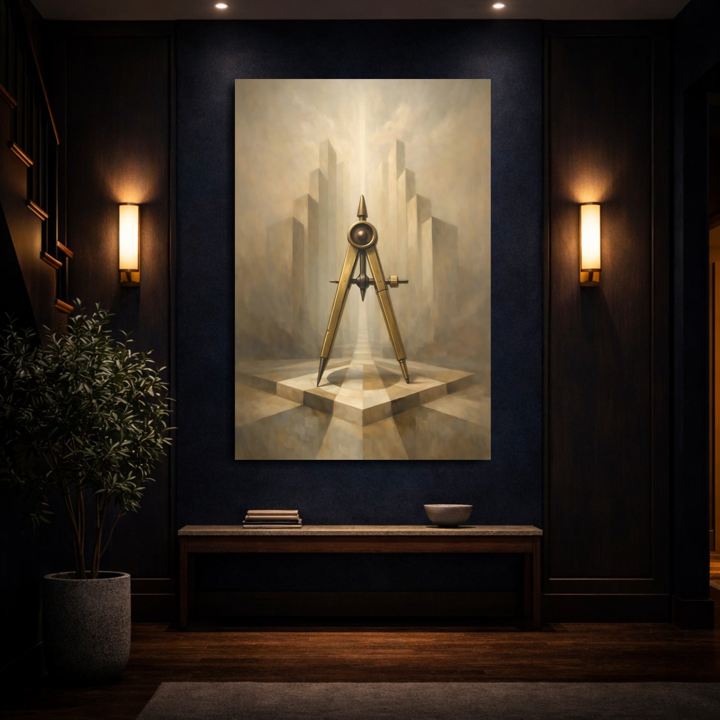 Mockup 3. Abstract Compass Brown And Gold shown as stretched canvas wall art