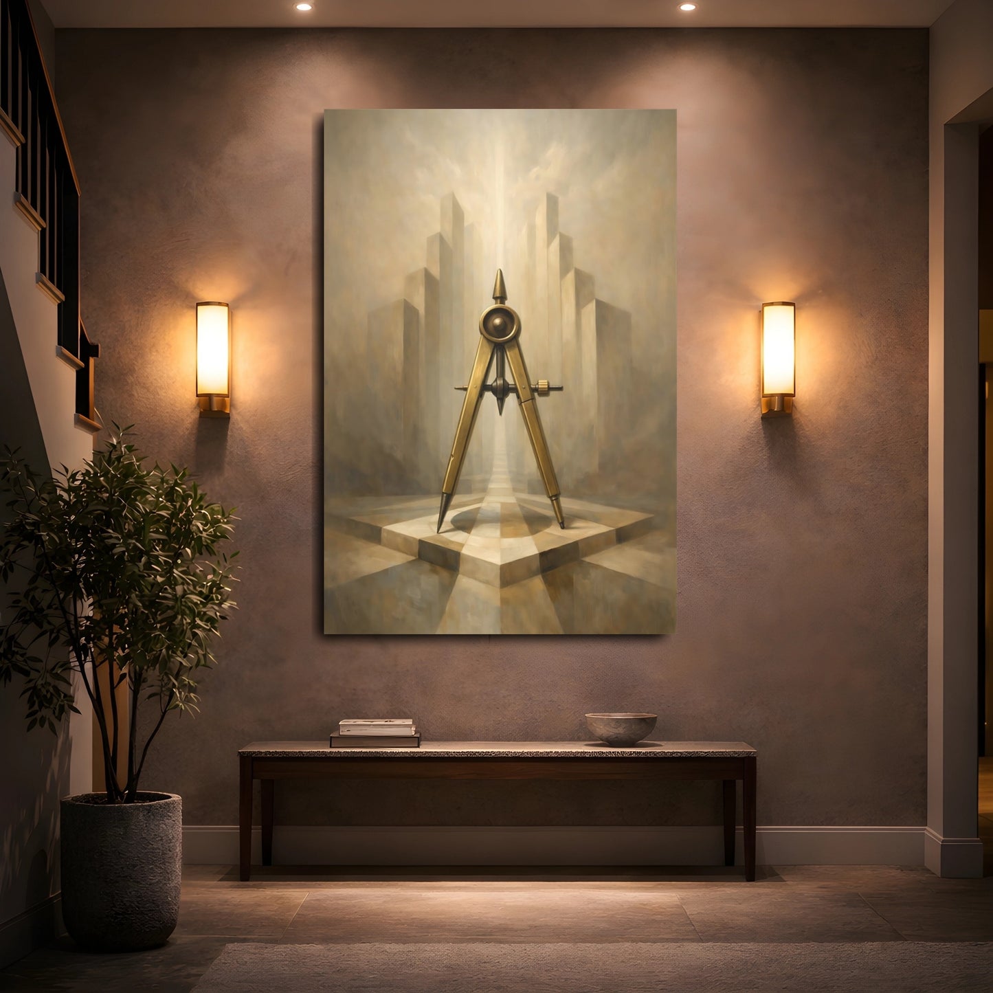 Mockup 4. Abstract Compass Brown And Gold shown as stretched canvas wall art