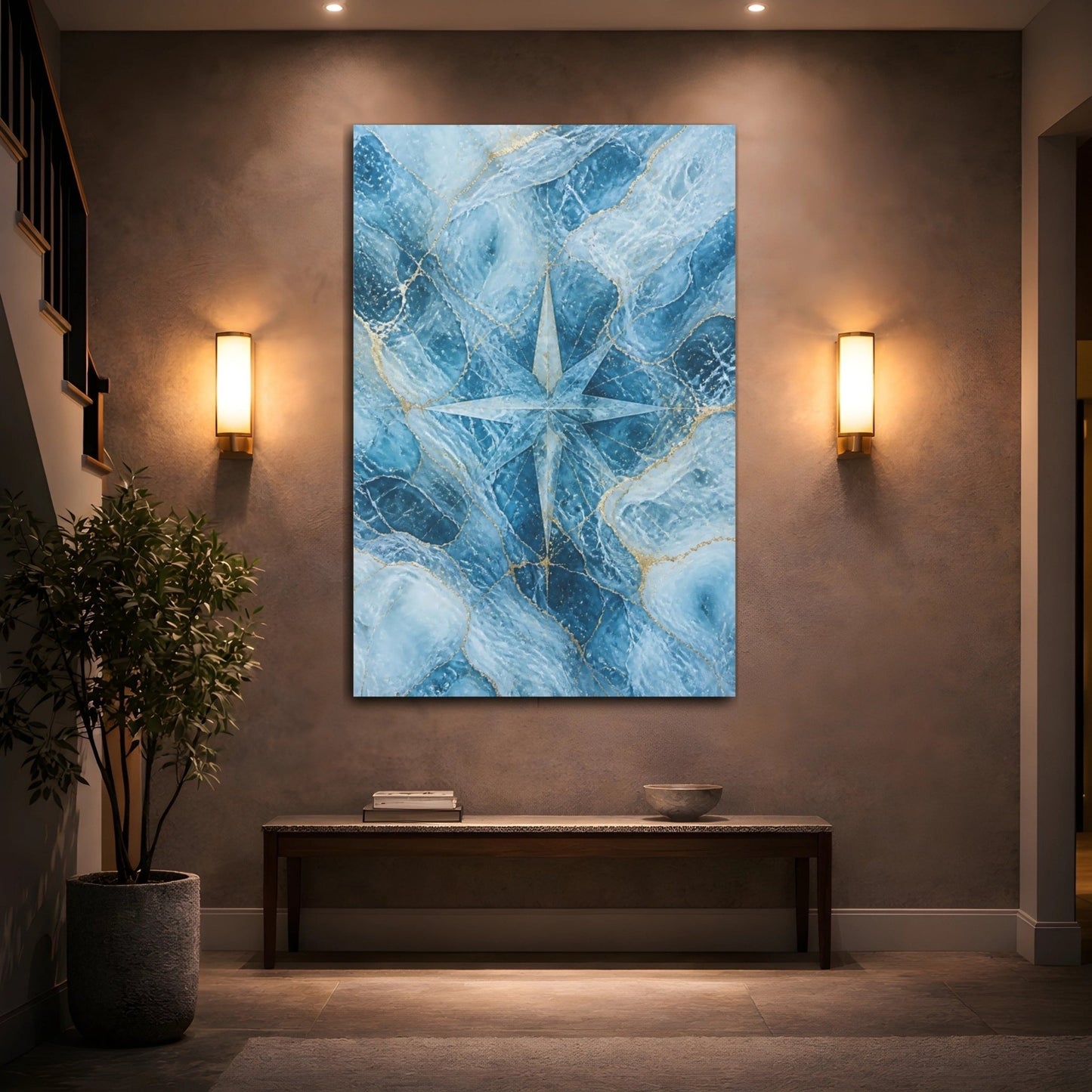 Abstract Compass Rose Blue And Gold Canvas Wall Art Print – Modern Living Room, Above Console Table - YesArtYes