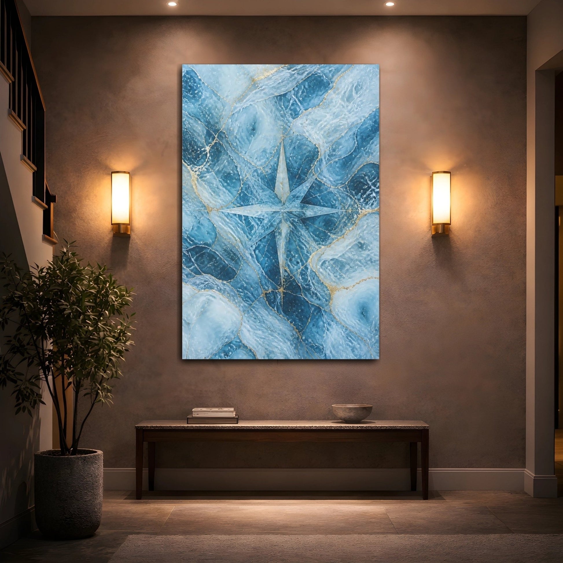 Abstract Compass Rose Blue And Gold Canvas Wall Art Print – Modern Living Room, Above Console Table - YesArtYes