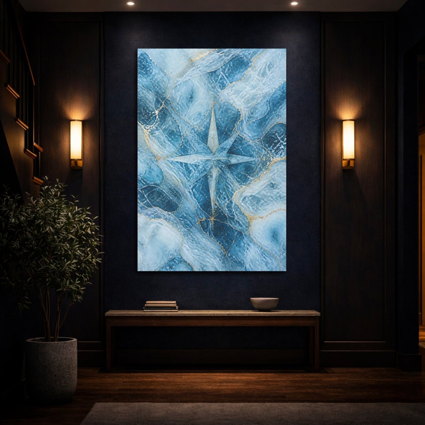 Abstract Compass Rose Blue And Gold Canvas Wall Art Print – Modern Living Room, Above Console Table - YesArtYes
