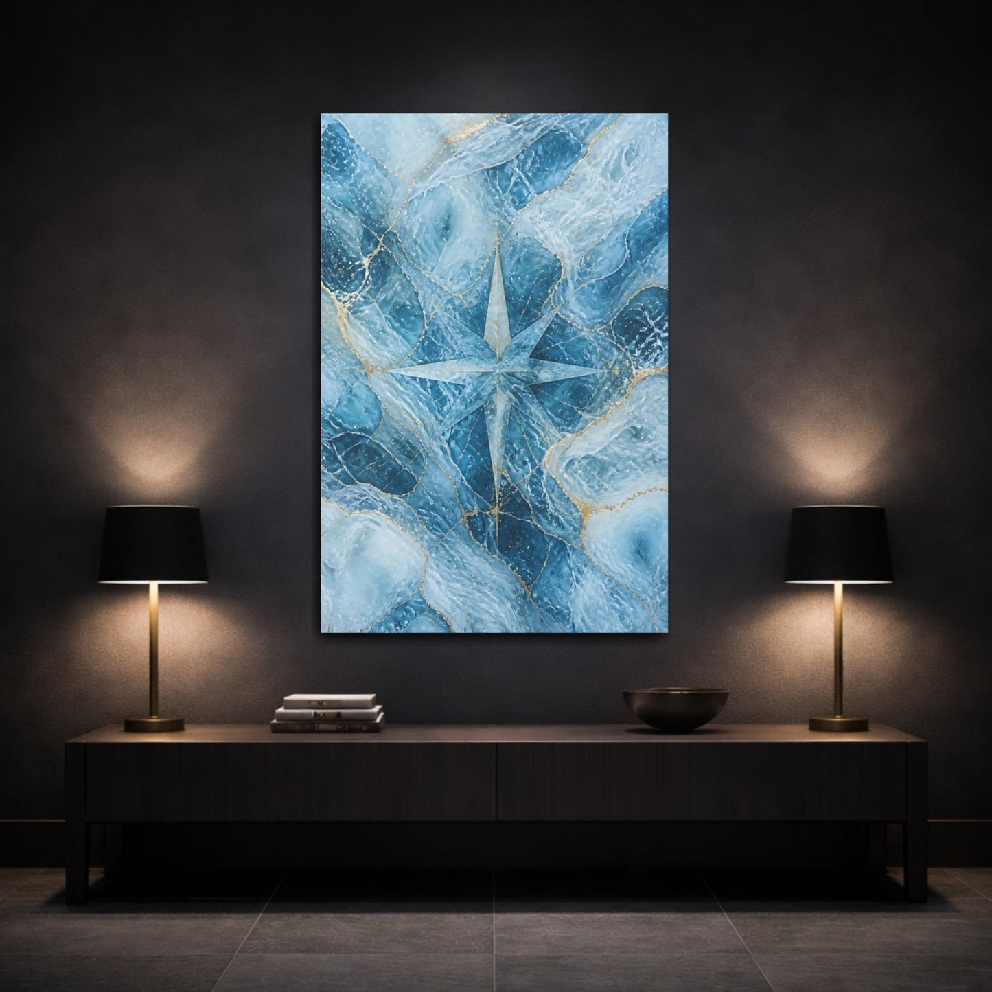 Abstract Compass Rose Blue And Gold Canvas Wall Art Print – Modern Living Room, Above Console Table - YesArtYes