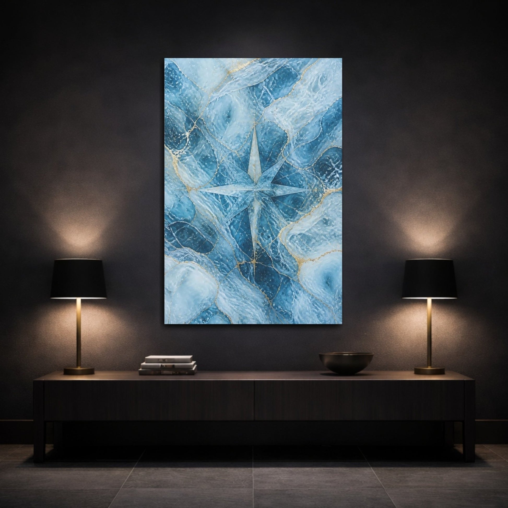 Abstract Compass Rose Blue And Gold Canvas Wall Art Print – Modern Living Room, Above Console Table - YesArtYes