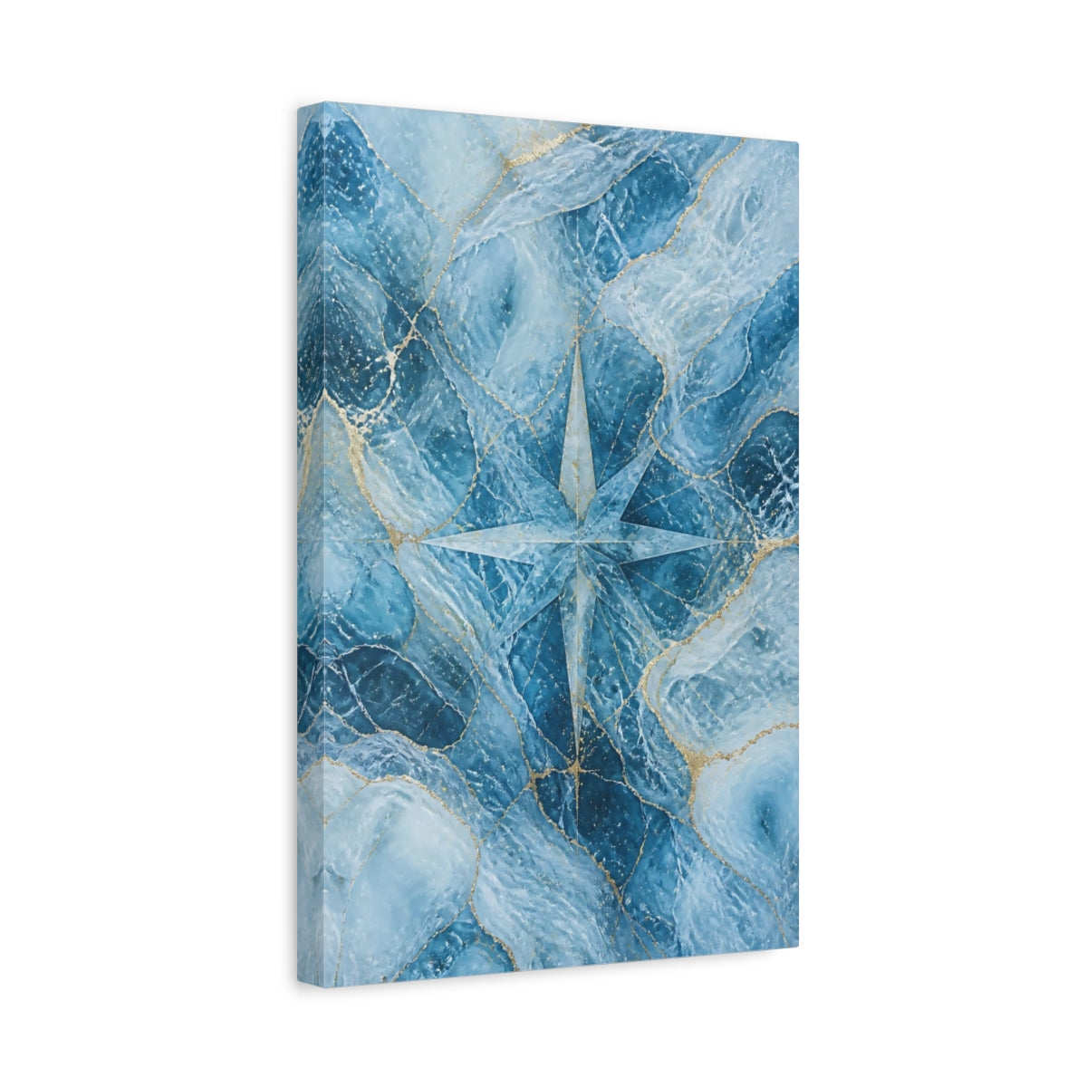 Side Mockup 4. Abstract Compass Rose Blue And Gold shown as stretched canvas wall art