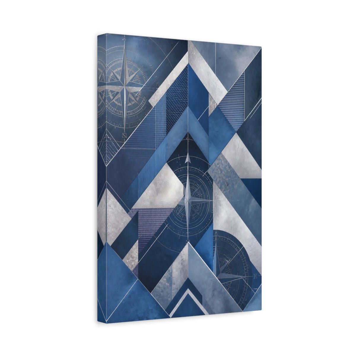 Abstract Compass Rose Blue And Silver Canvas Print – Living Room, Large Wall, - YesArtYes