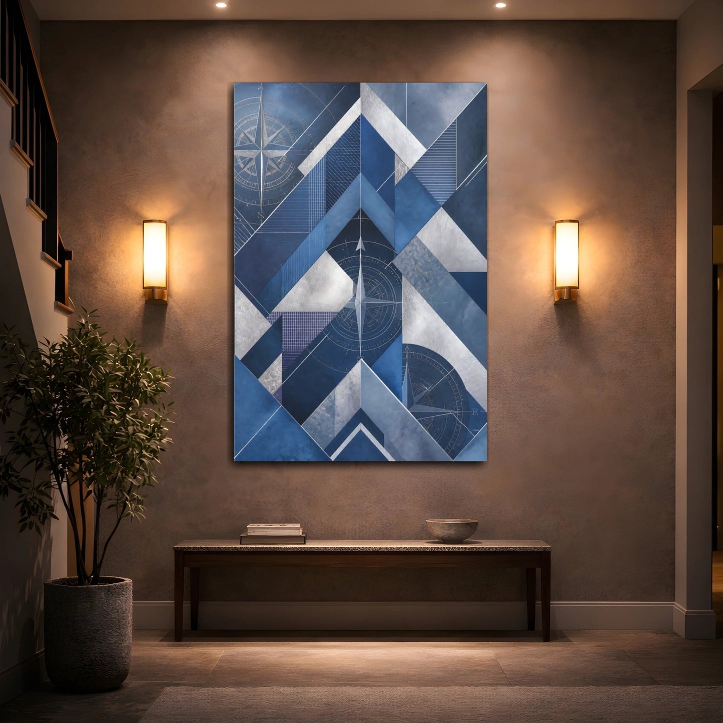 Abstract Compass Rose Blue And Silver Canvas Print – Living Room, Large Wall, - YesArtYes