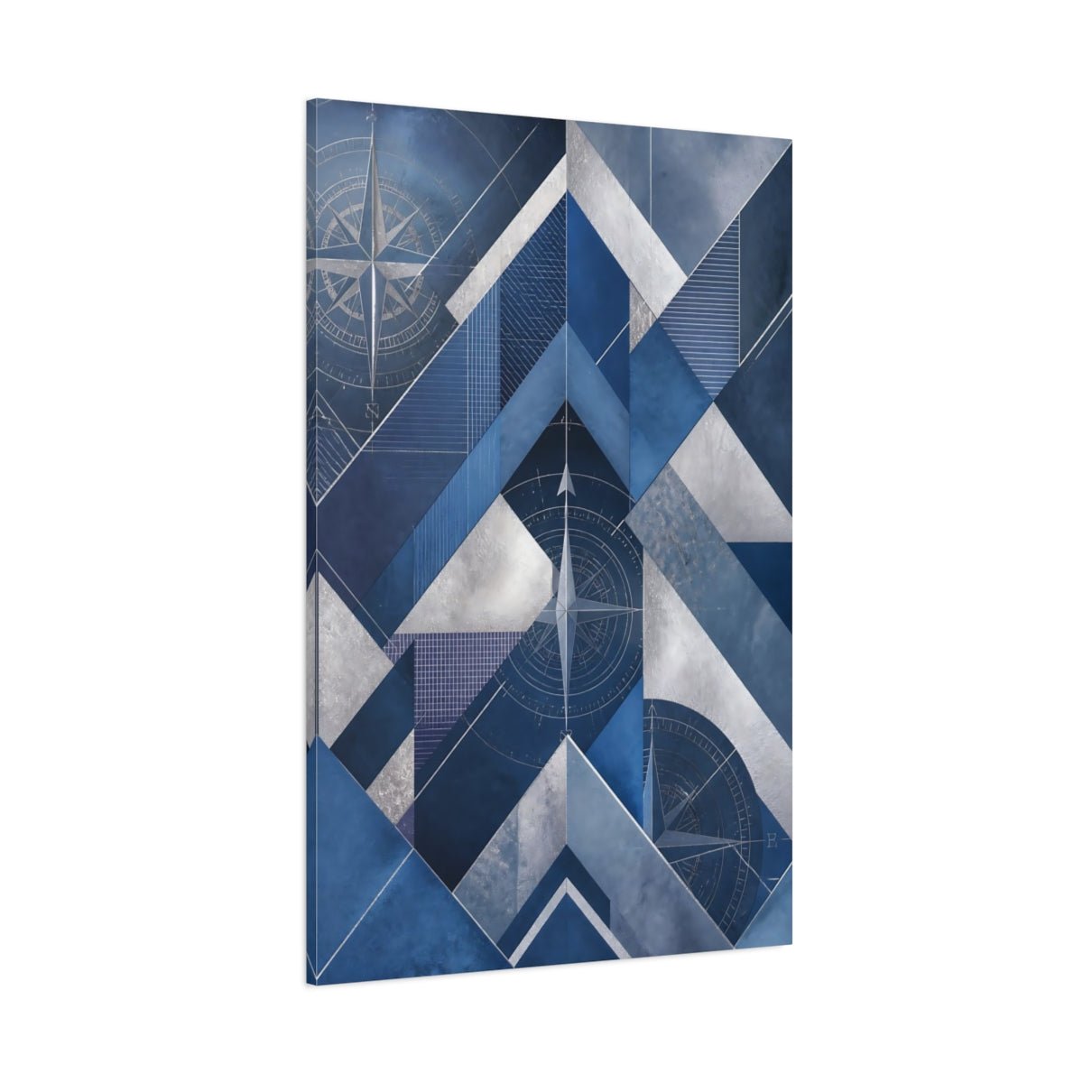 Abstract Compass Rose Blue And Silver Canvas Print – Living Room, Large Wall, - YesArtYes