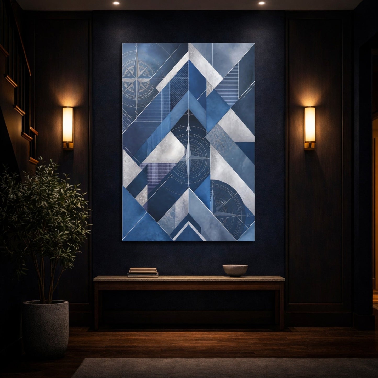 Abstract Compass Rose Blue And Silver Canvas Print – Living Room, Large Wall, - YesArtYes