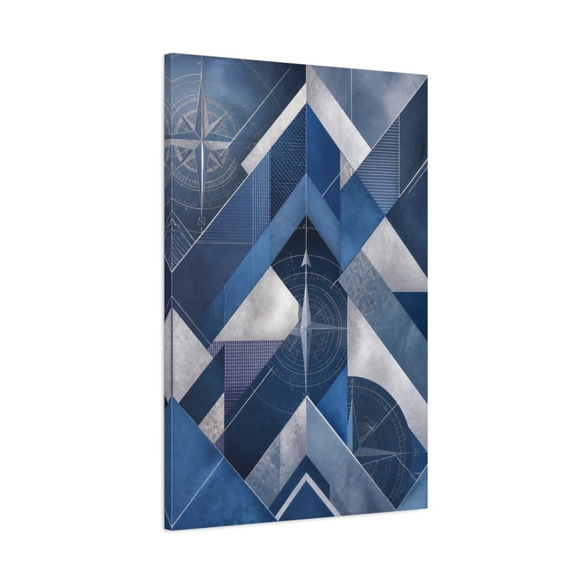 Abstract Compass Rose Blue And Silver Canvas Print – Living Room, Large Wall, - YesArtYes