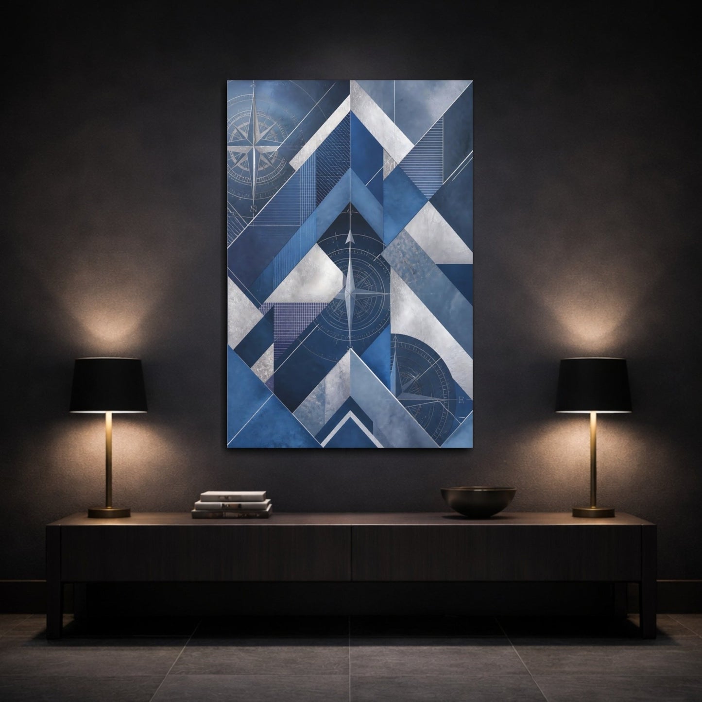 Abstract Compass Rose Blue And Silver Canvas Print – Living Room, Large Wall, - YesArtYes