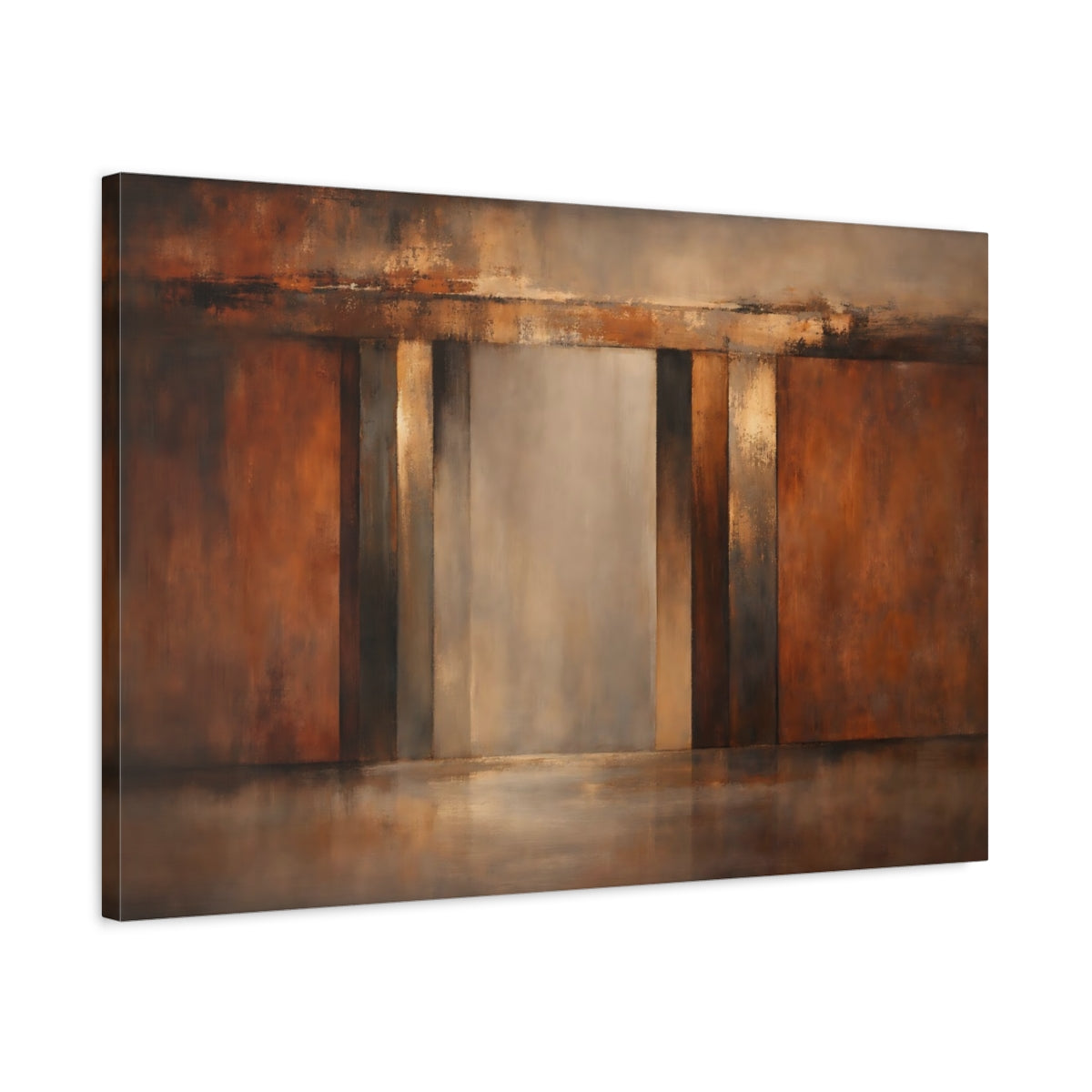 Side Mockup 2. Abstract Abstract Composition Brown And Gold shown as stretched canvas wall art