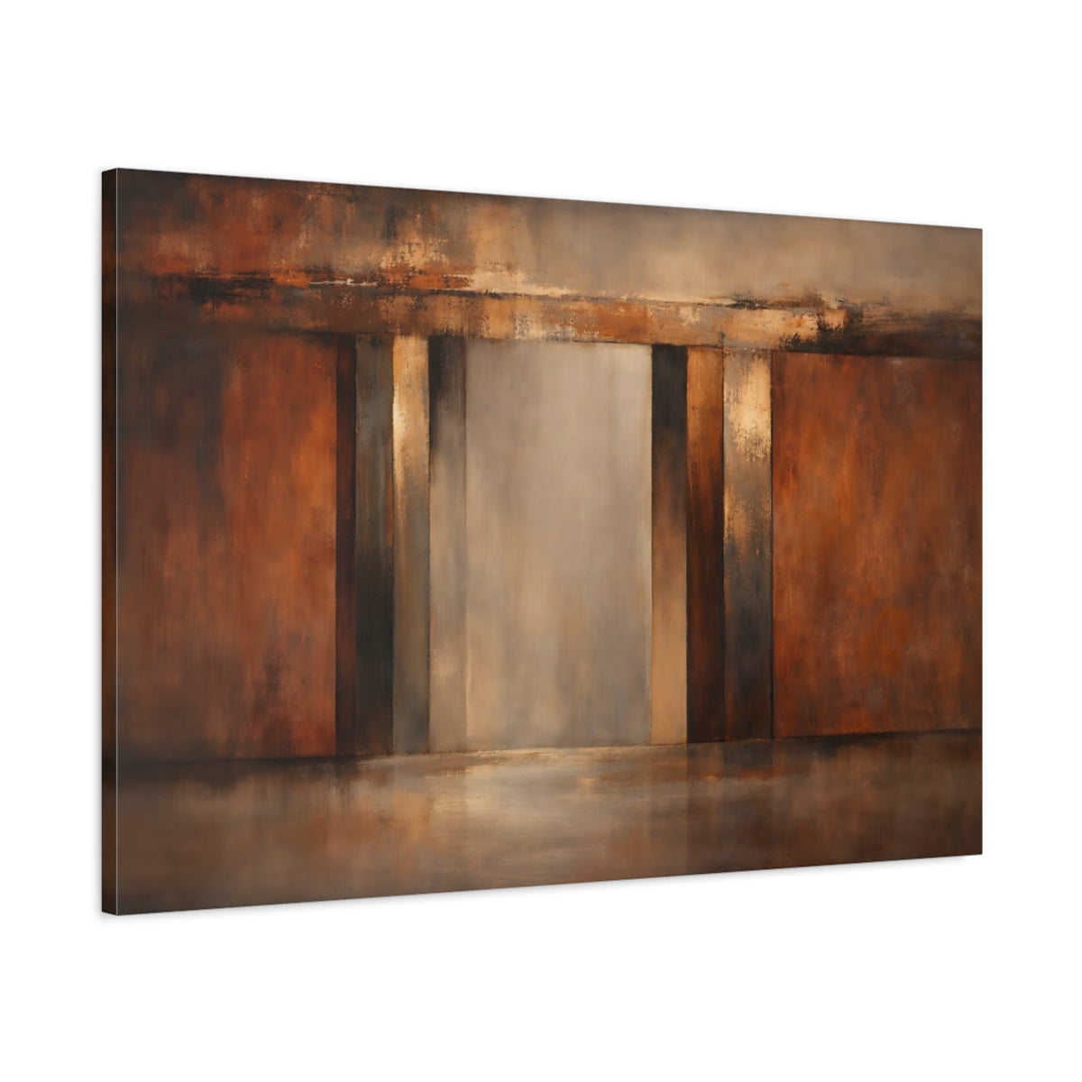 Side Mockup 1. Abstract Abstract Composition Brown And Gold shown as stretched canvas wall art