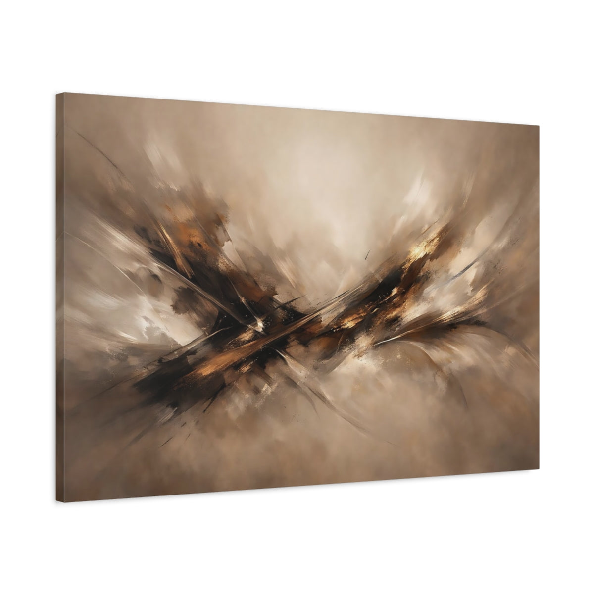 Side Mockup 1. Abstract Abstract Composition Brown Gold Abstract shown as stretched canvas wall art