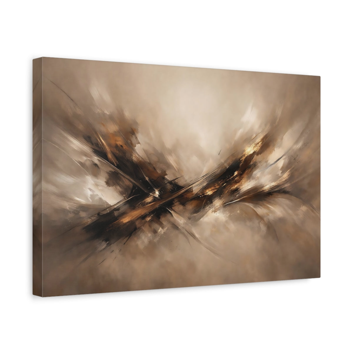 Side Mockup 4. Abstract Abstract Composition Brown Gold Abstract shown as stretched canvas wall art