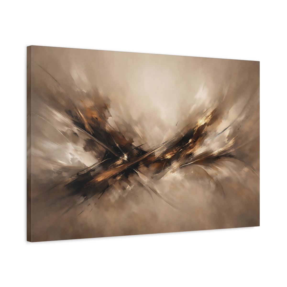 Side Mockup 2. Abstract Abstract Composition Brown Gold Abstract shown as stretched canvas wall art