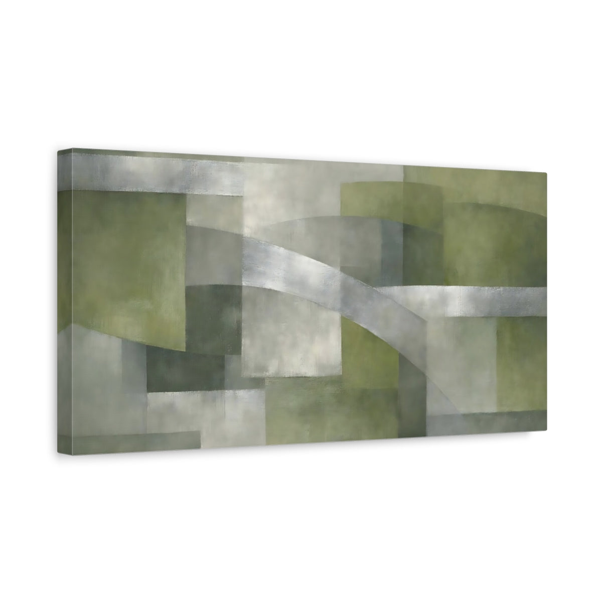 Side Mockup 3. Abstract Abstract Composition Green And Grey shown as stretched canvas wall art