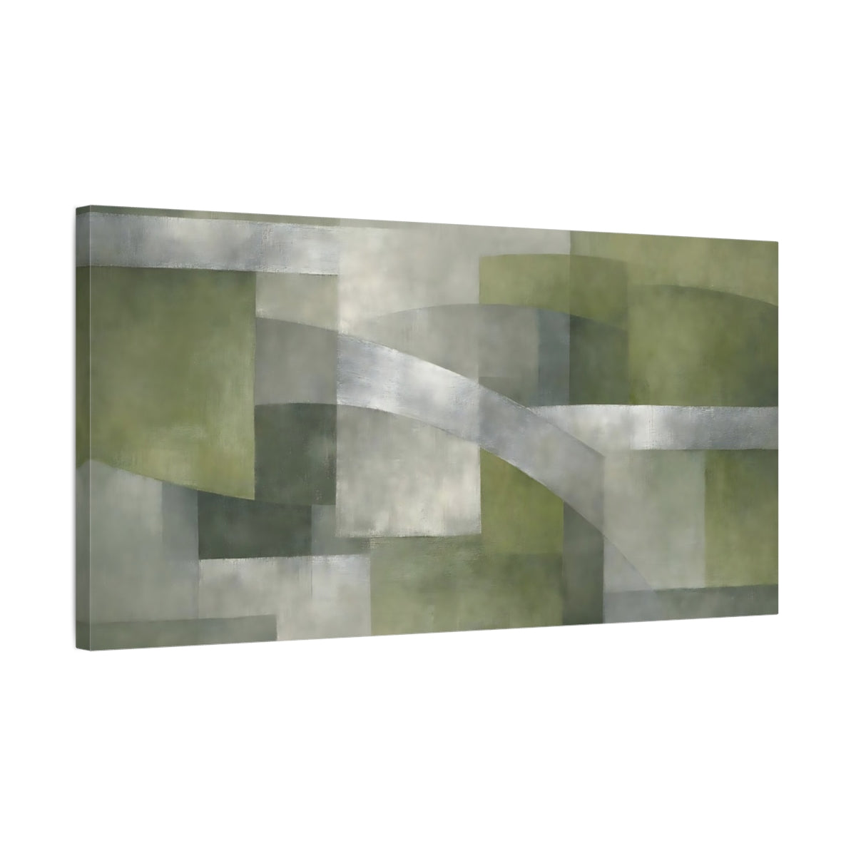 Side Mockup 2. Abstract Abstract Composition Green And Grey shown as stretched canvas wall art