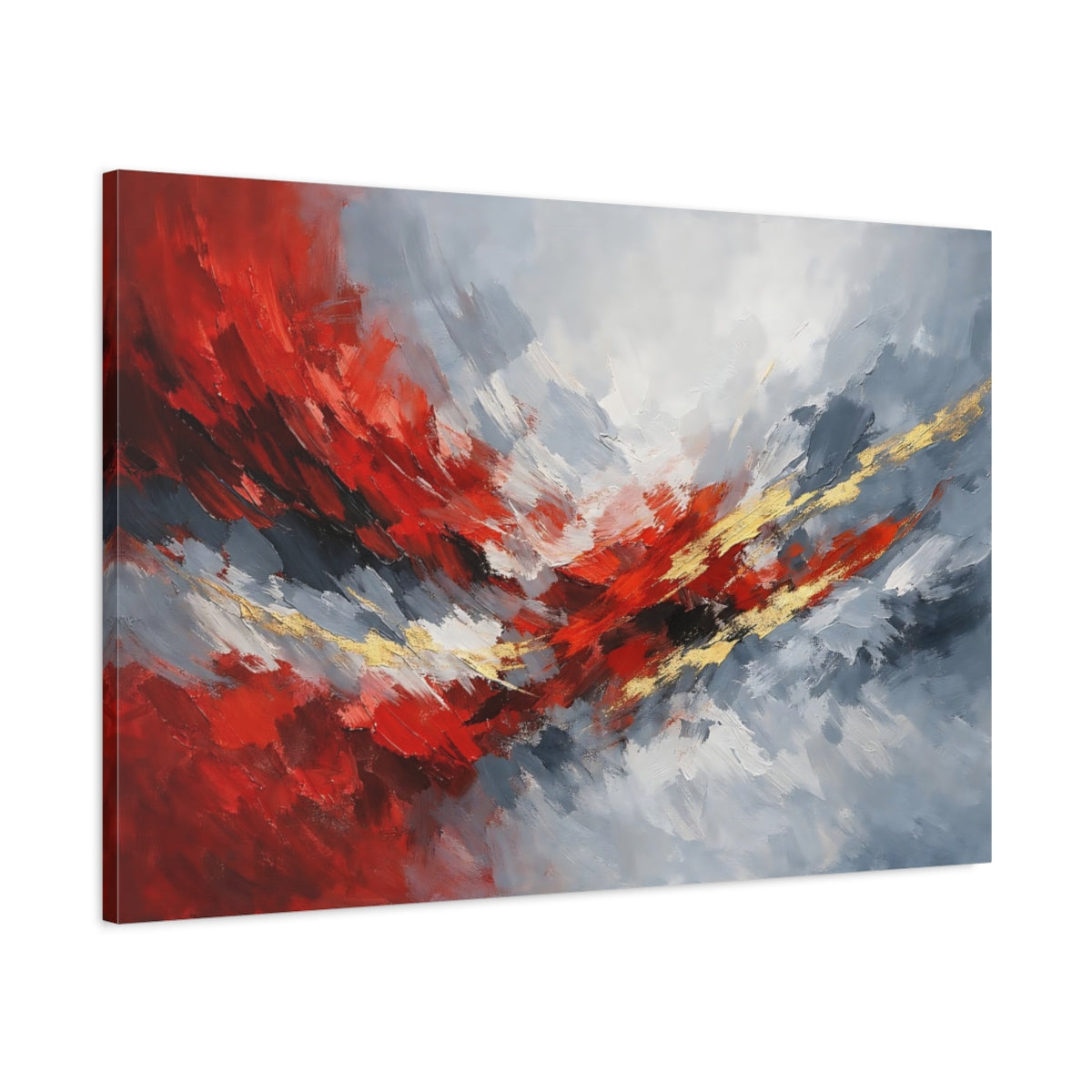 Side Mockup 1. Abstract Abstract Composition Red Grey Abstract shown as stretched canvas wall art