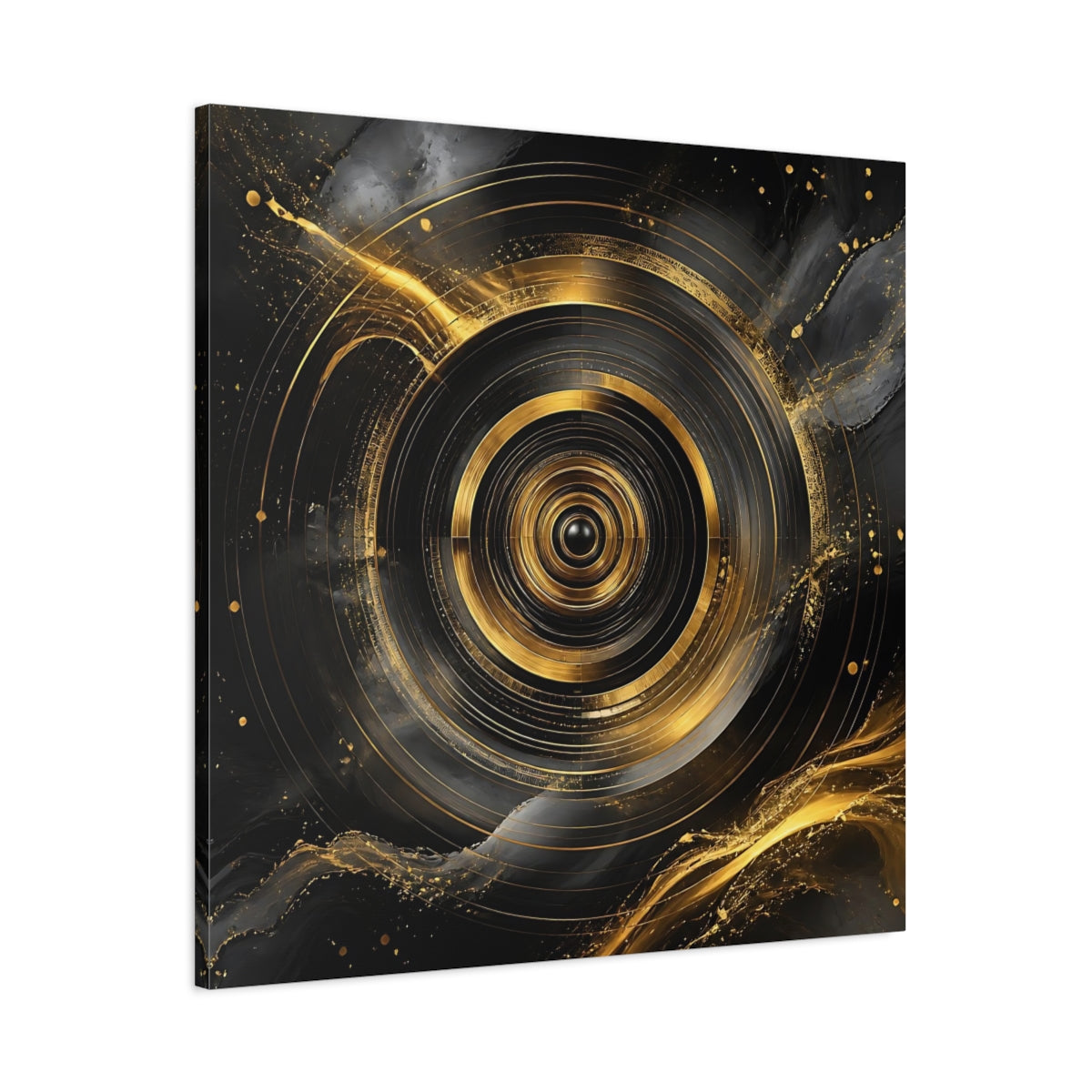 Main Mockup. Abstract Concentric Circles Black And Gold shown as stretched canvas wall art
