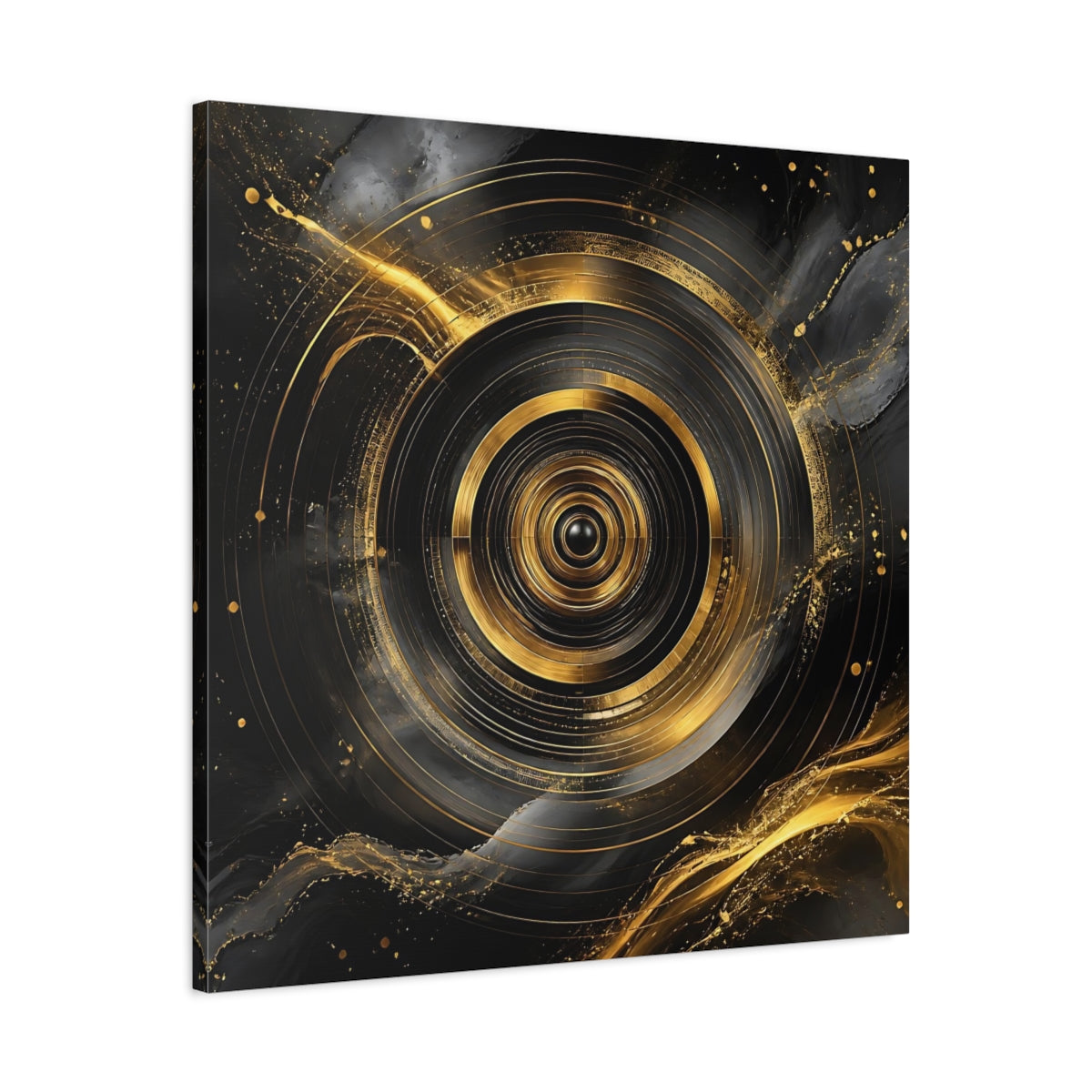 Side Mockup 3. Abstract Concentric Circles Black And Gold shown as stretched canvas wall art