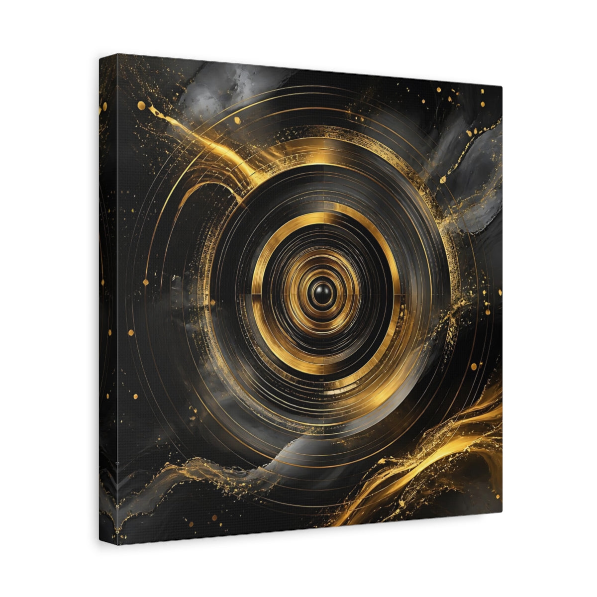 Side Mockup 7. Abstract Concentric Circles Black And Gold shown as stretched canvas wall art