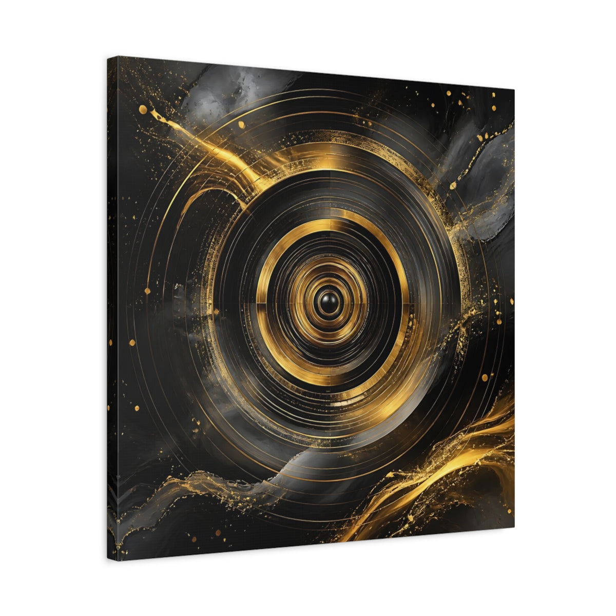 Side Mockup 4. Abstract Concentric Circles Black And Gold shown as stretched canvas wall art