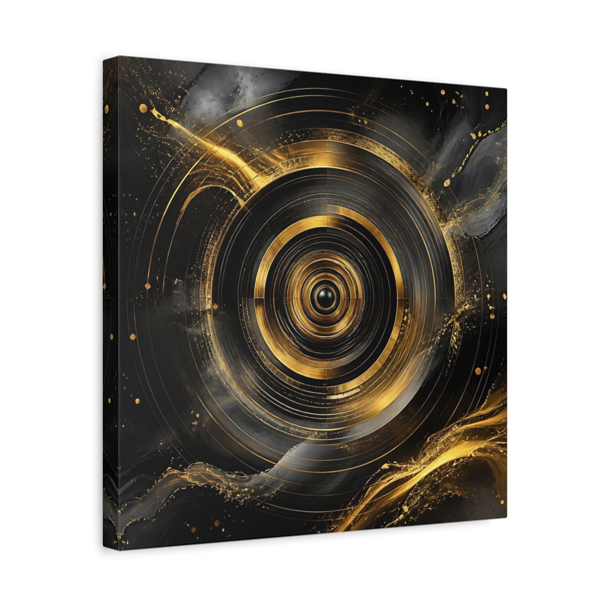 Side Mockup 6. Abstract Concentric Circles Black And Gold shown as stretched canvas wall art