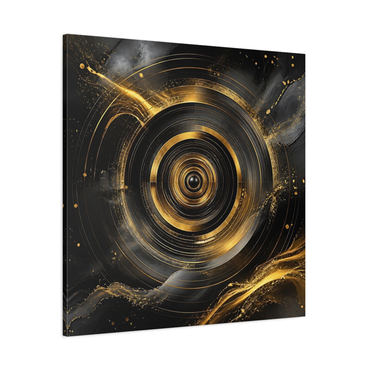 Side Mockup 1. Abstract Concentric Circles Black And Gold shown as stretched canvas wall art