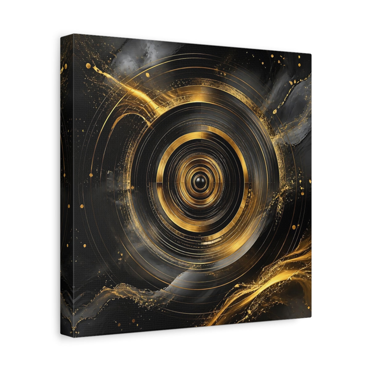 Side Mockup 8. Abstract Concentric Circles Black And Gold shown as stretched canvas wall art