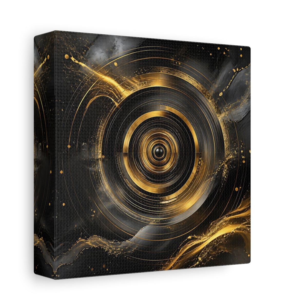 Side Mockup 2. Abstract Concentric Circles Black And Gold shown as stretched canvas wall art