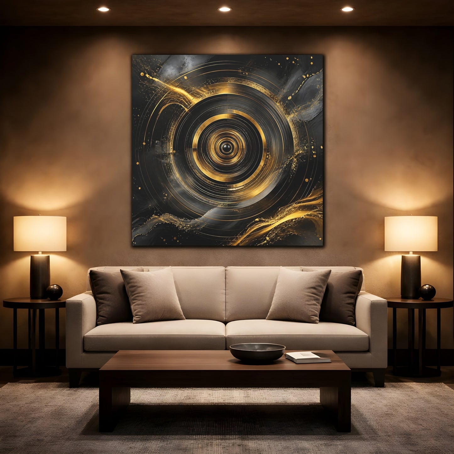 Mockup 2. Abstract Concentric Circles Black And Gold shown as stretched canvas wall art