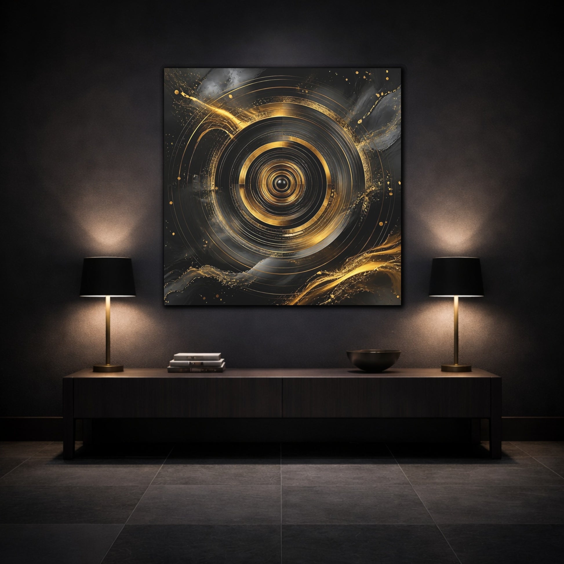 Mockup 3. Abstract Concentric Circles Black And Gold shown as stretched canvas wall art
